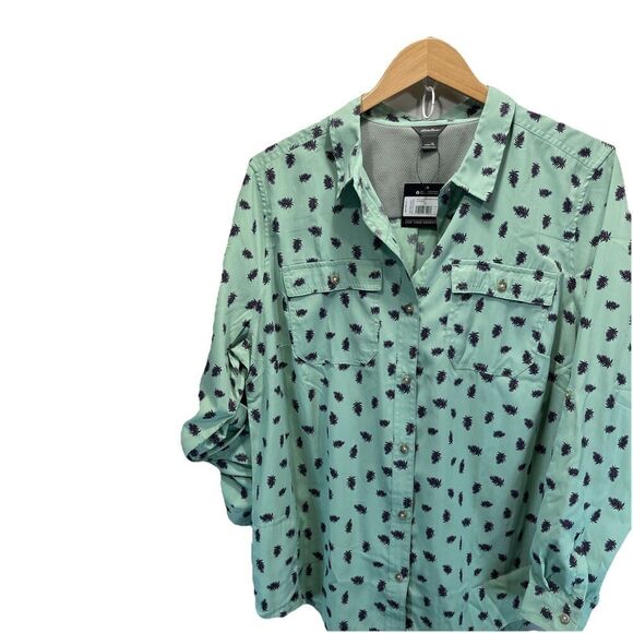 Eddie Bauer Adventurer 3.0 Green Leaf Print Blouse RollTab Button XL Outdoor New - Picture 3 of 15